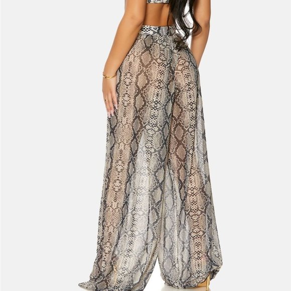 Snake Print Coverup Mesh Sheer Pool Swimwear High Waist Bottom Pants - Picture 2 of 4